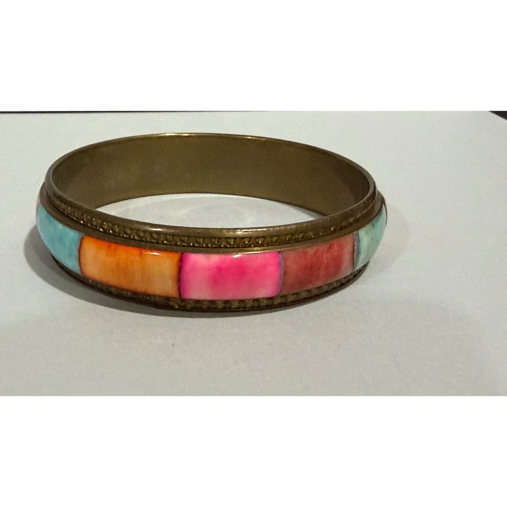 Boho Ethnic‎ Colorful Bangle Bracelet Multicolor Brass Shell Inlay Boho Vibrant